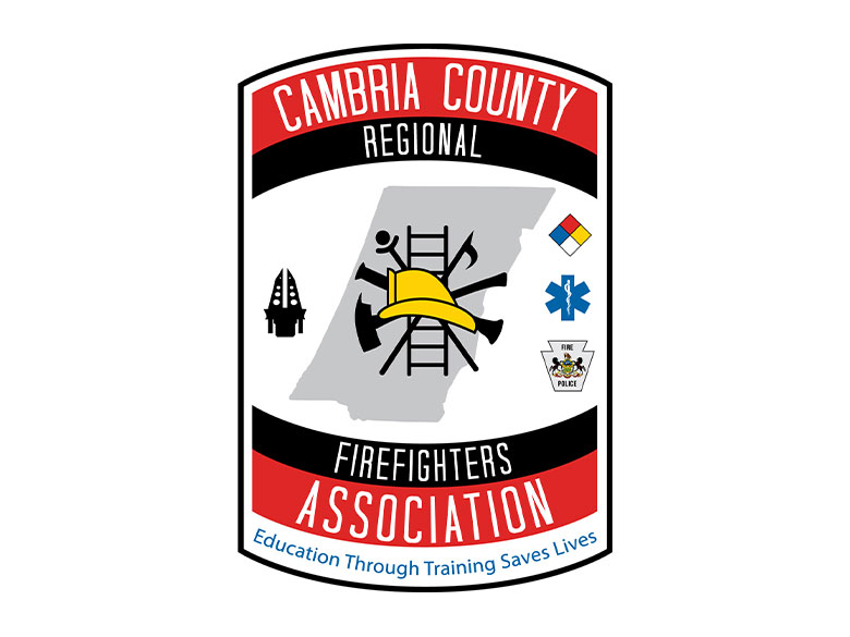 The logo for Cambria County Regional Firefighters Association features firefighting symbols over a county outline, with emergency icons and the motto "Education Through Training Saves Lives" at the bottom.