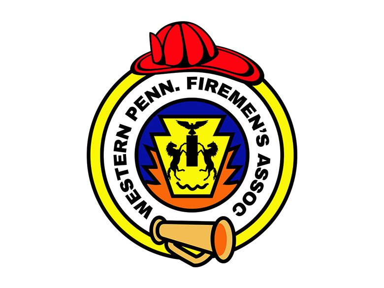 Logo of the Western Penn. Firemen’s Assoc. featuring a red firefighter helmet, a yellow circle with the association’s name, a fire horn, and a central crest with a horse and rider over lightning bolts and flames.