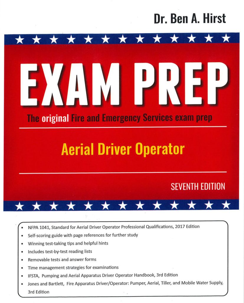 Book cover for "EXAM PREP: Aerial Driver Operator" by Dr. Ben A. Hirst, Seventh Edition, featuring a red, white, and blue design with white stars and a list of exam features at the bottom.