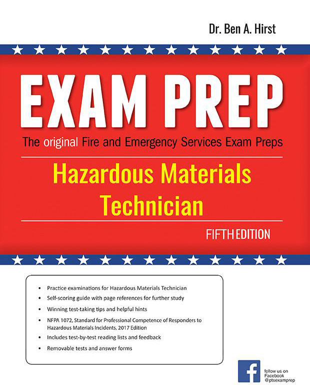The cover of a book titled "Exam Prep: Hazardous Materials Technician, Fifth Edition" by Dr. Ben A. Hirst. The design features red, white, and blue colors with stars and lists exam features at the bottom.