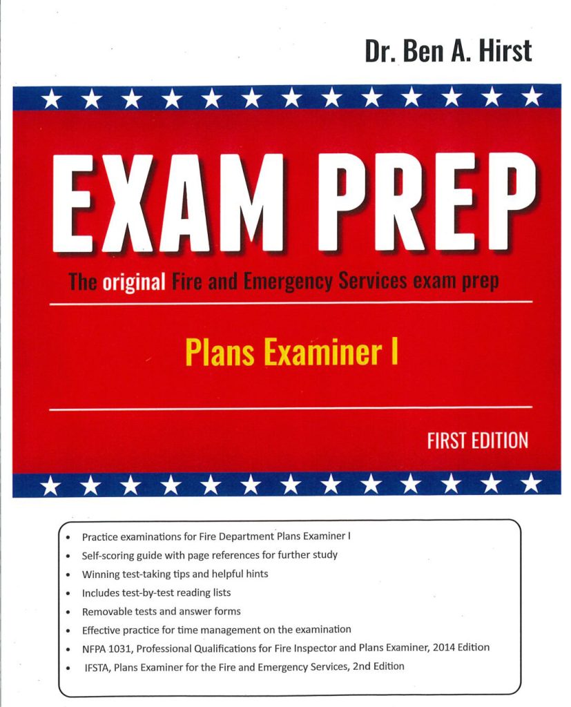 Cover of "Exam Prep: Plans Examiner I" by Dr. Ben A. Hirst, featuring a red, white, and blue design with stars, and a list of features for fire and emergency services exam preparation.
