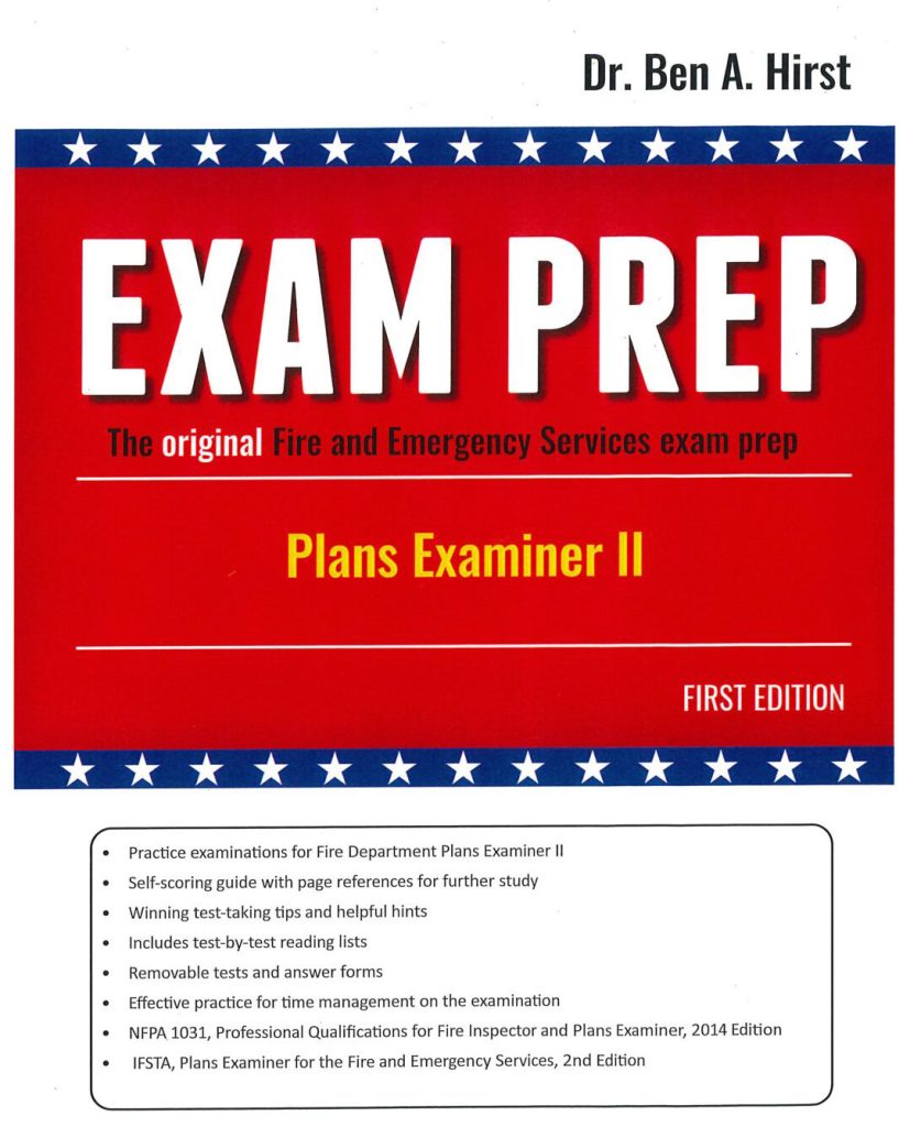 Cover of the book "Exam Prep: Plans Examiner II" by Dr. Ben A. Hirst, First Edition. The cover is red with white and blue accents, and lists features like test-taking tips and references for fire department exams.