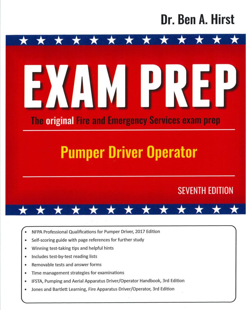 Cover of "Exam Prep: Pumper Driver Operator" by Dr. Ben A. Hirst, Seventh Edition. The cover highlights features like test-taking tips, time management strategies, and removable tests and answer forms.