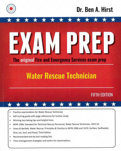 Cover of the book "EXAM PREP: Water Rescue Technician" by Dr. Ben A. Hirst, Fifth Edition, featuring a red and blue design with white stars and a list of features at the bottom.