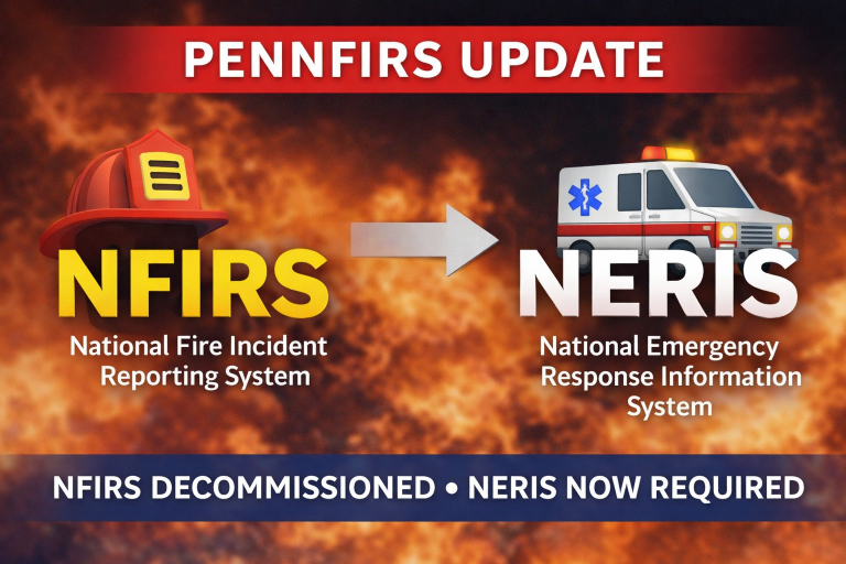 Graphic showing a fire helmet for NFIRS (National Fire Incident Reporting System) transitioning to an ambulance for NERIS (National Emergency Response Information System), with notice that NERIS is now required.